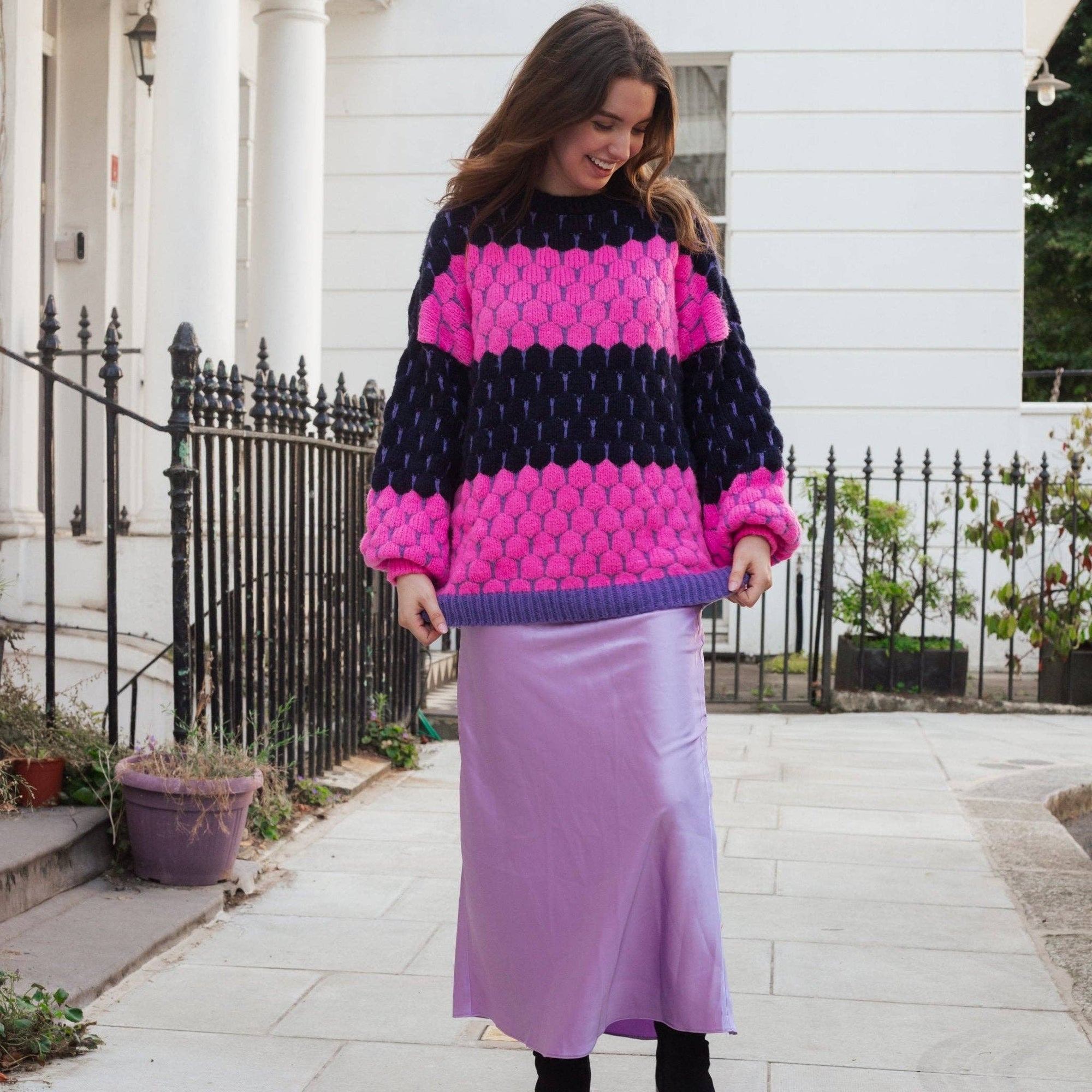 Pull à rayures et bulles en maille - Marine