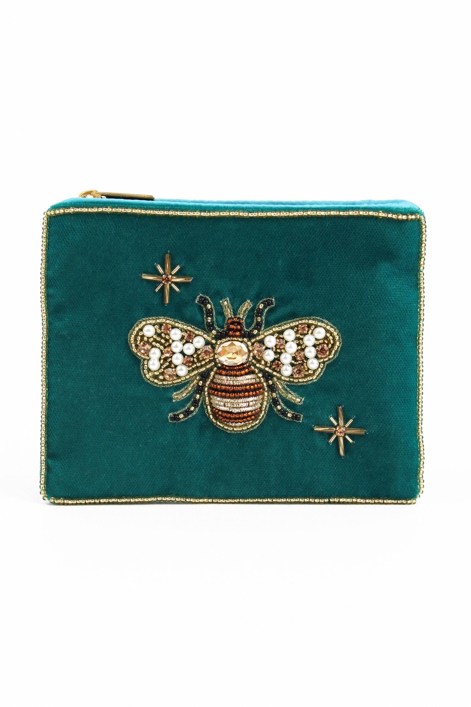 POCHETTE EN VELOURS PETITE ABEILLE DORÉE BLEU SARDOINE