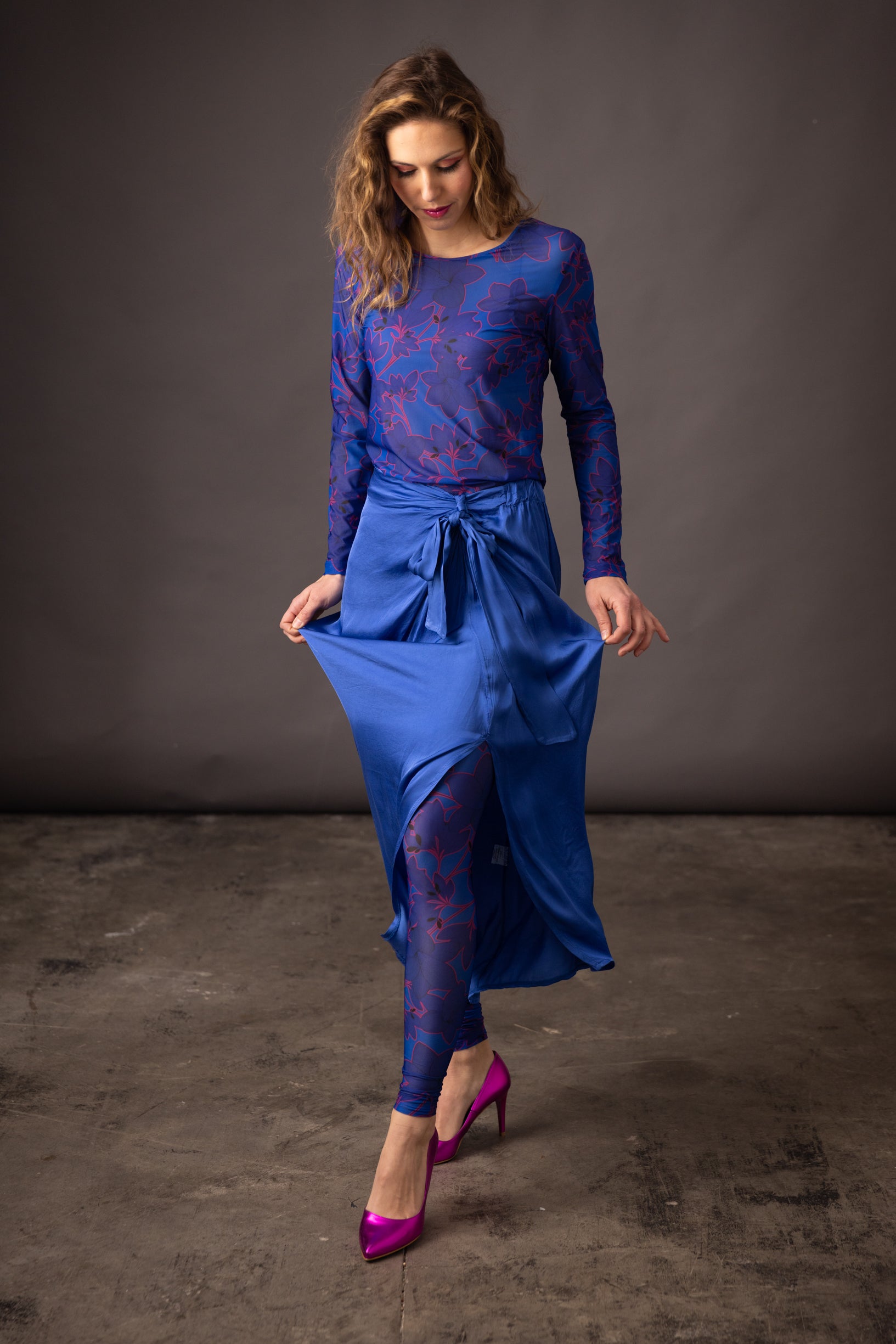 Jupe satin ROMANE BLEU