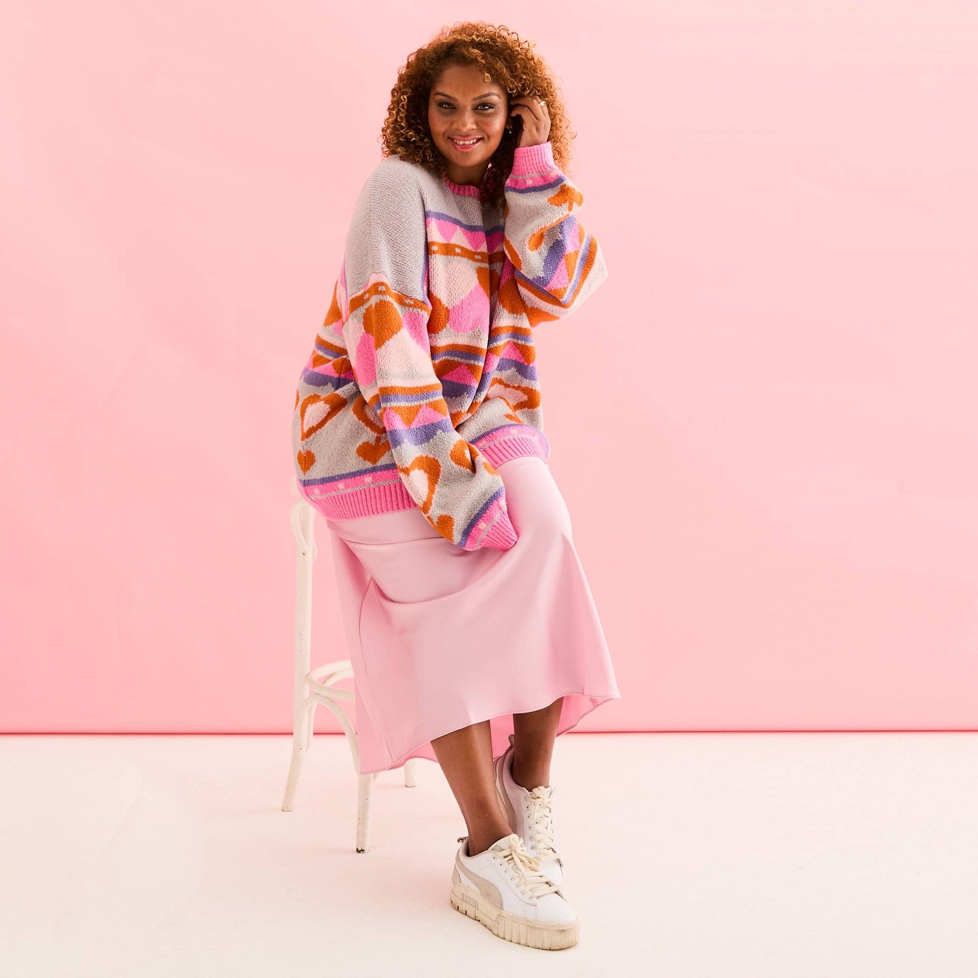 Pull oversize à manches ballon en intarsia Poppy Heart - Bleu