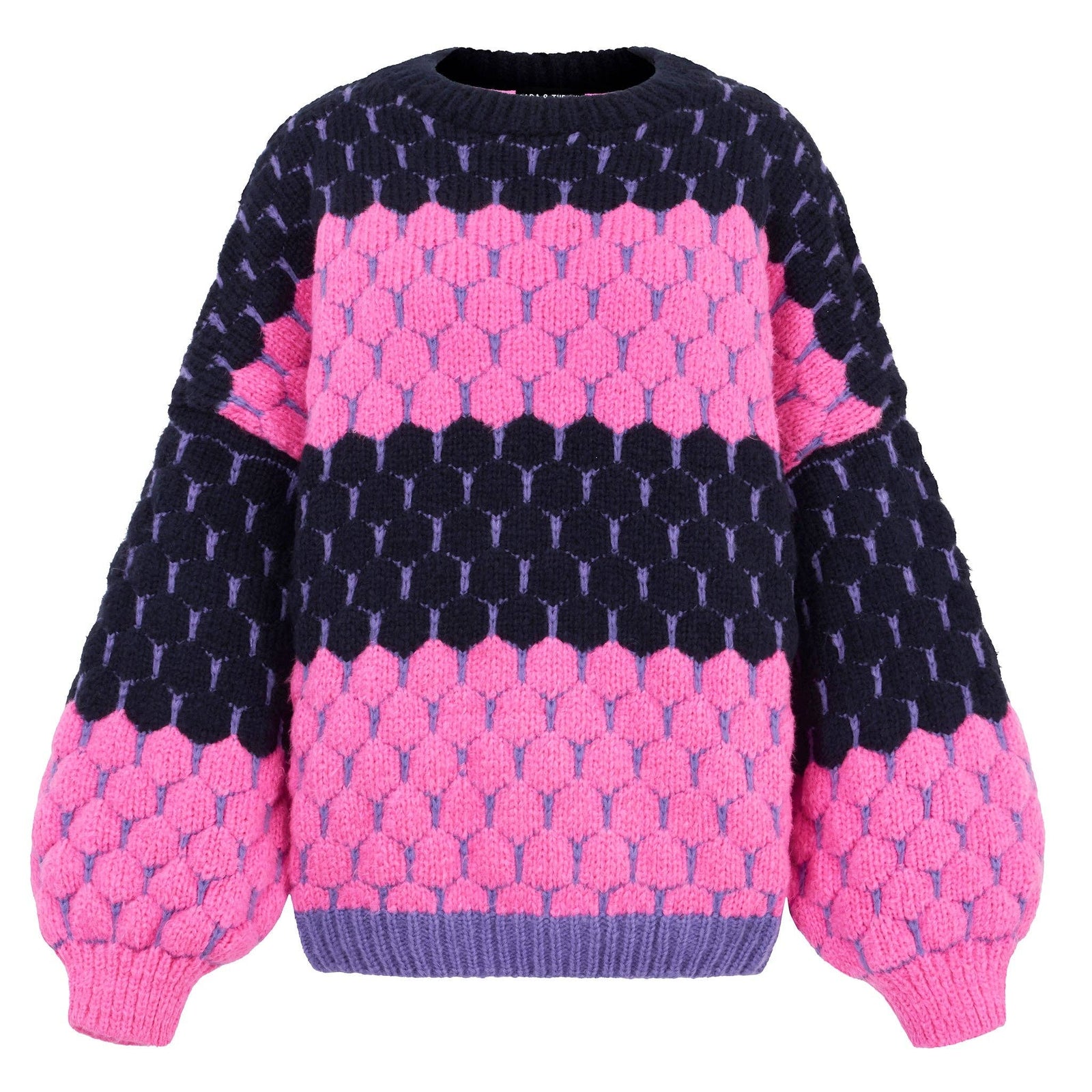 Pull à rayures et bulles en maille - Marine