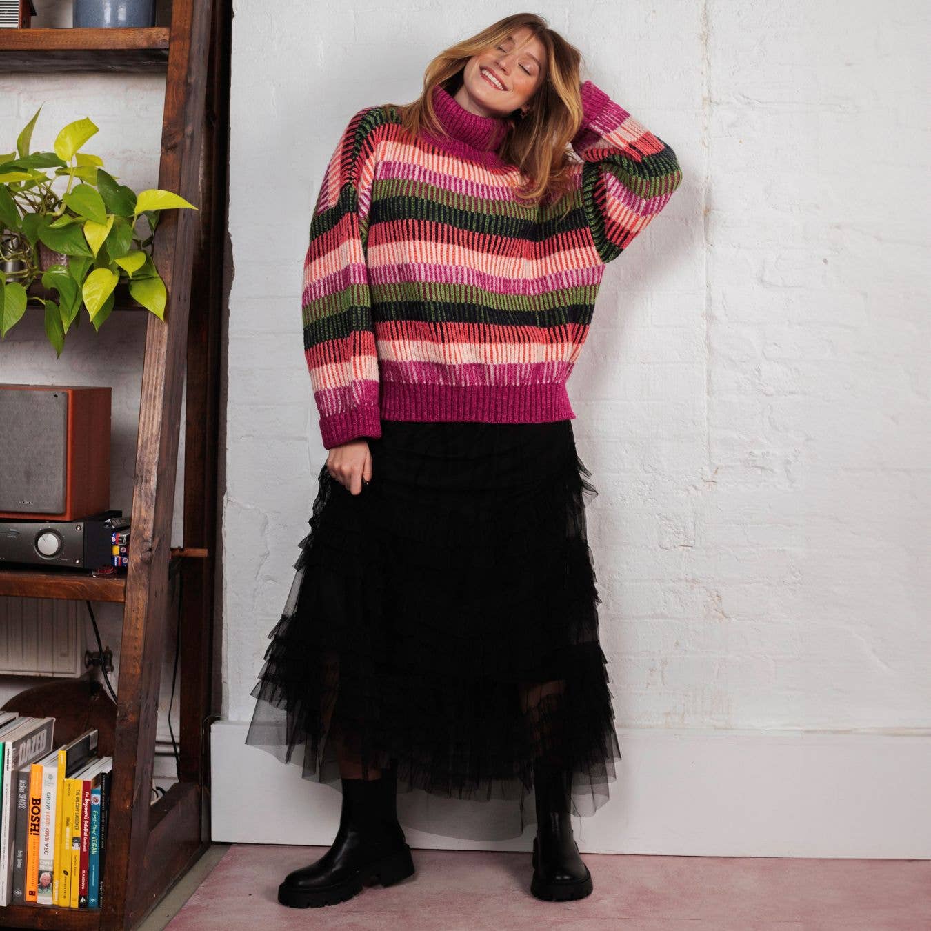 Pull à col roulé rayé à manches ballon oversize Tasha - Violet