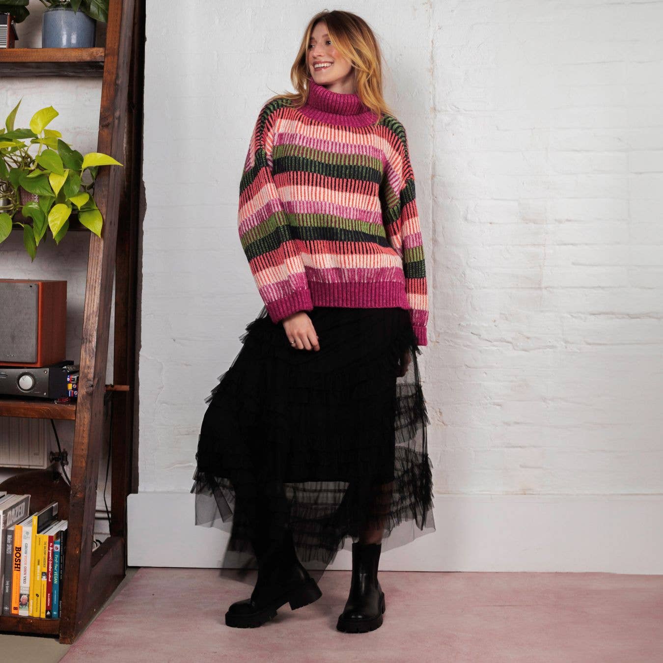 Pull à col roulé rayé à manches ballon oversize Tasha - Violet