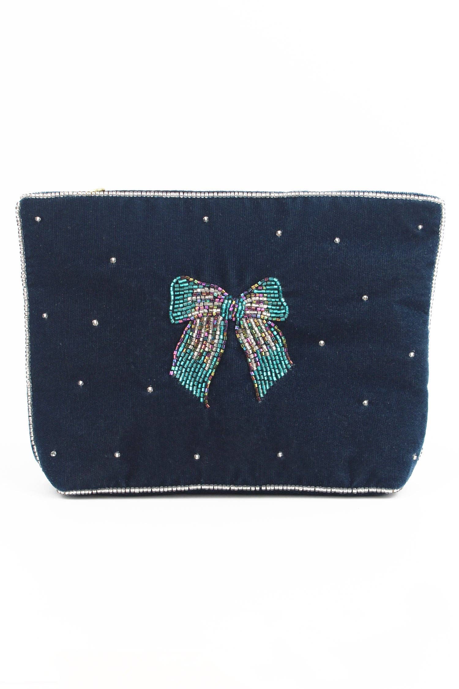 POCHETTE MOYENNE ARGENT BLEU NŒUD