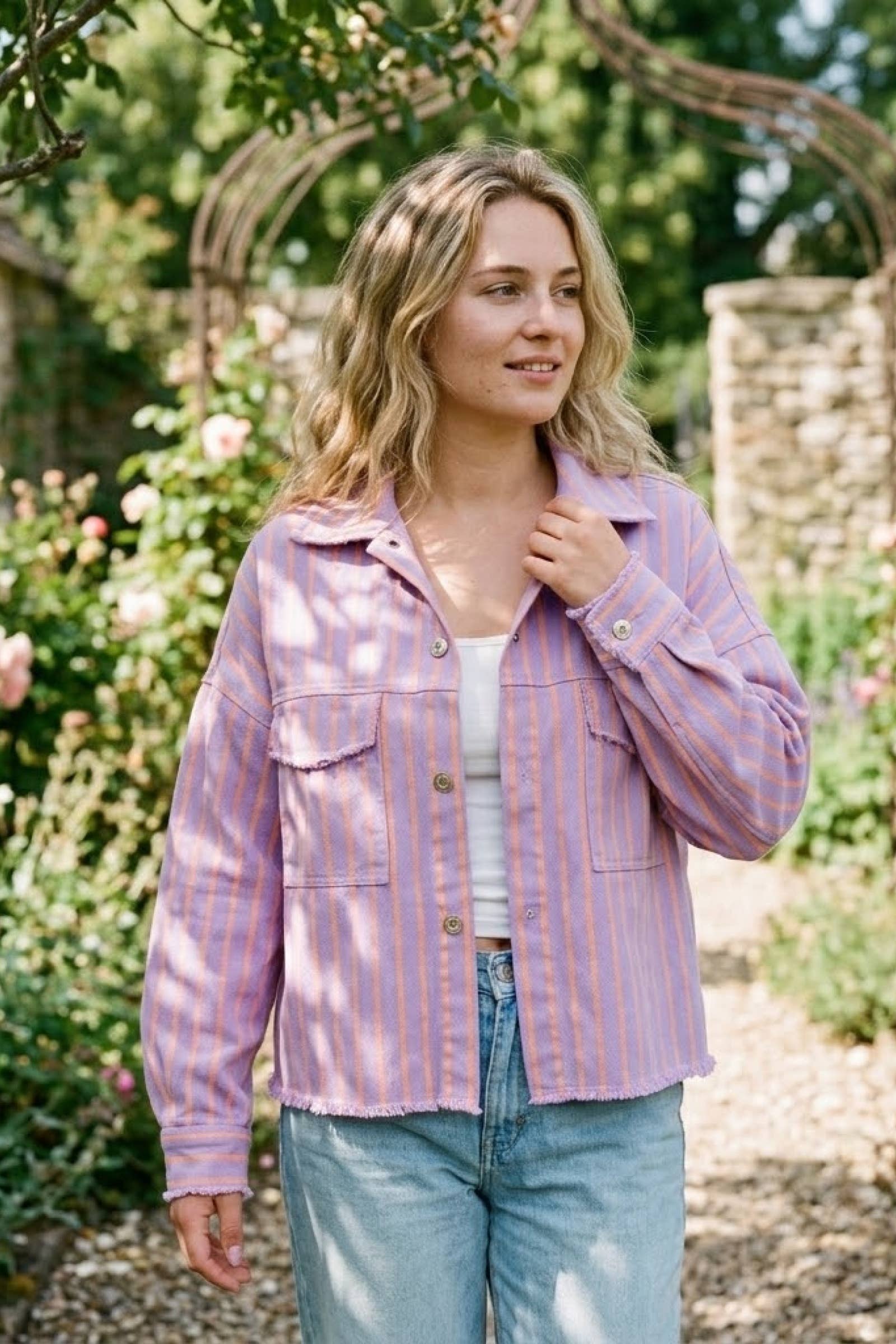 Veste coton violet rayé orange RITA