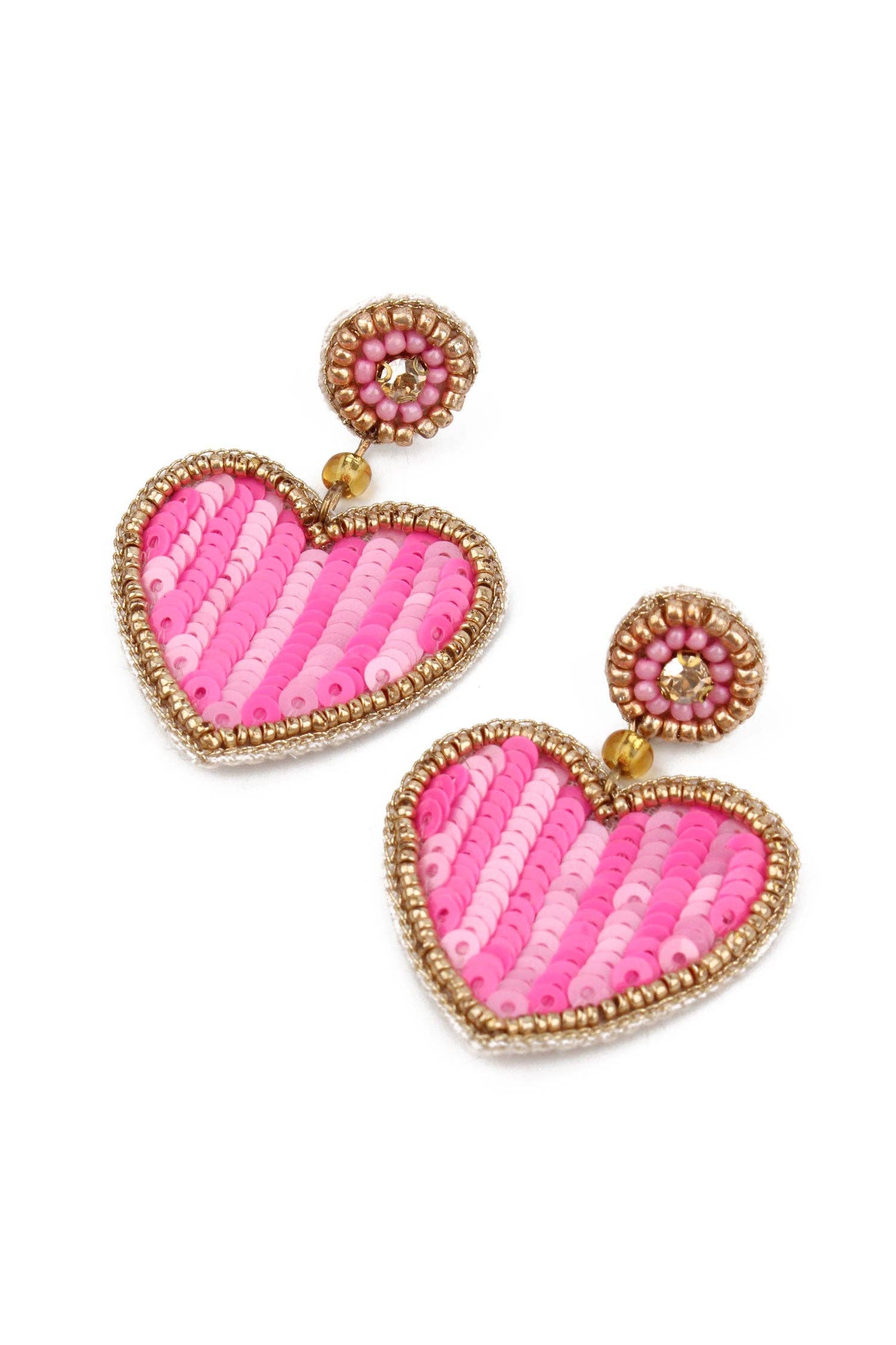 BOUCLES D'OREILLES CŒUR À RAYURES ROSES EN PERLES