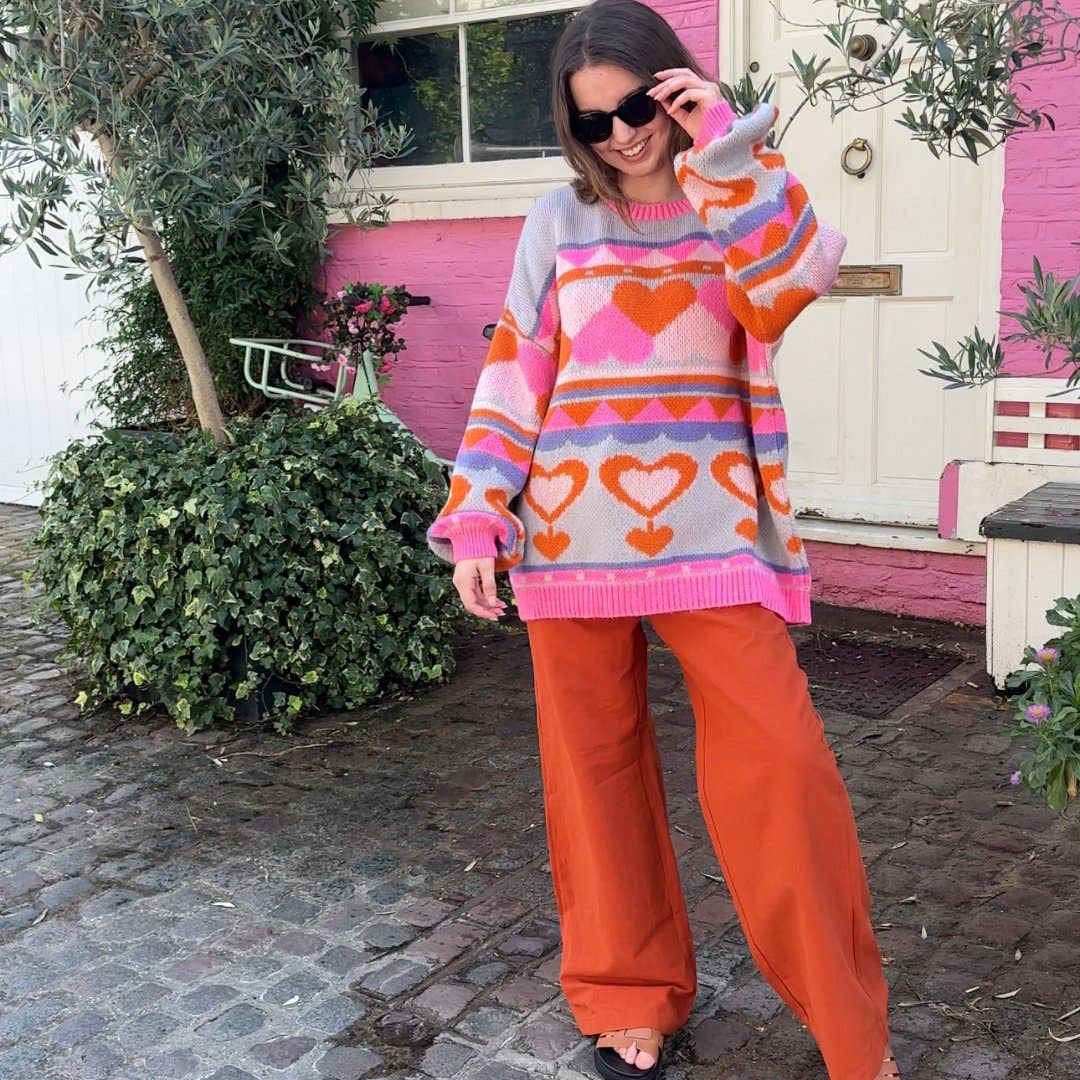 Pull oversize à manches ballon en intarsia Poppy Heart - Bleu